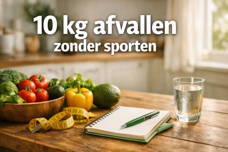Een keukentafel met verse groenten, een glas water, een meetlint, een notitieboekje en een pen. De Nederlandse tekst luidt: "10 kg afvallen zonder sporten"-een eenvoudig hulpmiddel voor iedereen die 10 kg wil afvallen zonder te sporten.