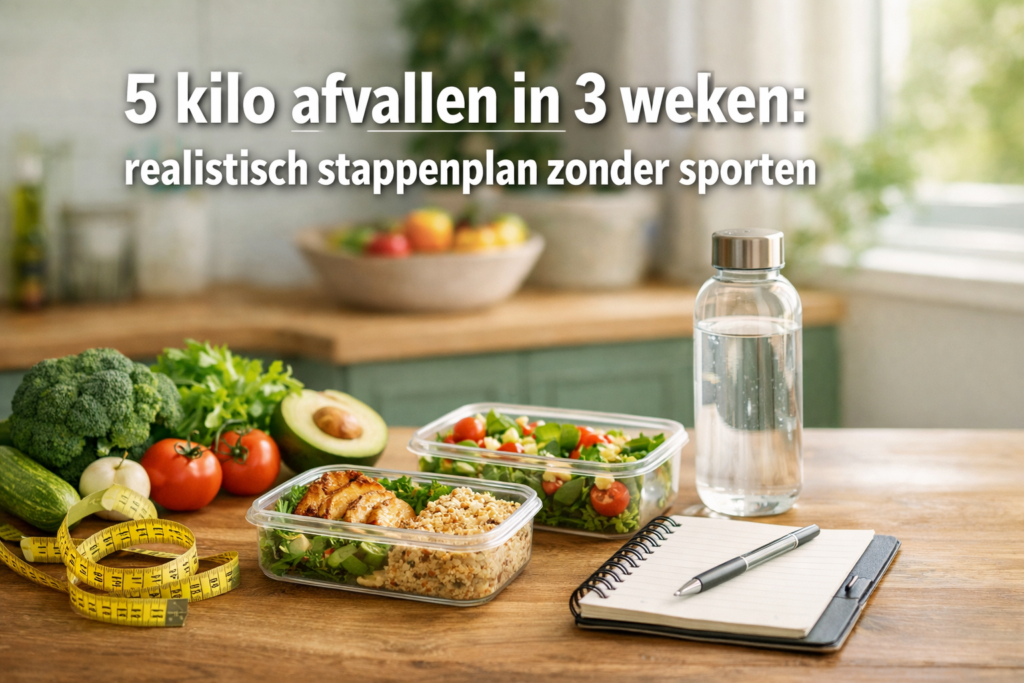 Twee mealprep bakjes met gezonde voeding, een waterfles, meetlint, notitieblok en pen op het aanrecht. De tekst in het Nederlands gaat over 5 kilo afvallen in 3 weken zonder sporten.