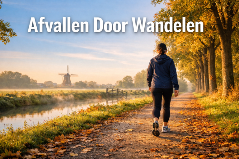 Wandelend over een met bomen omzoomd pad langs een kanaal met een molen in de verte, geeft dit serene tafereel de essentie weer van Afvallen Door Wandelen.