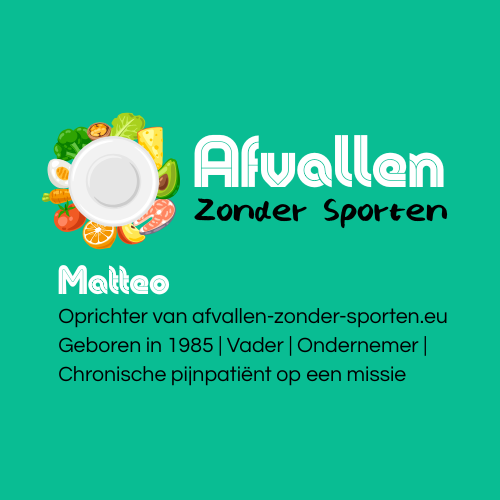Groene graphic met fruit- en groente-illustraties, tekst: "Afvallen Zonder Sporten," en info over Matteo: oprichter, geboren in 1985, vader, ondernemer, chronisch pijnpatiënt met een missie.