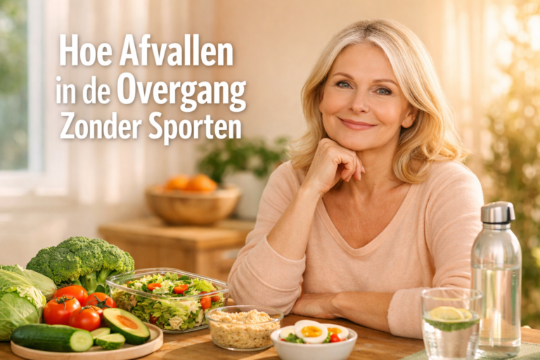 Een vrouw zit aan een tafel met gezond voedsel zoals salade, groenten en fruit; een Nederlandse tekst bespreekt afvallen tijdens de menopauze zonder te sporten.