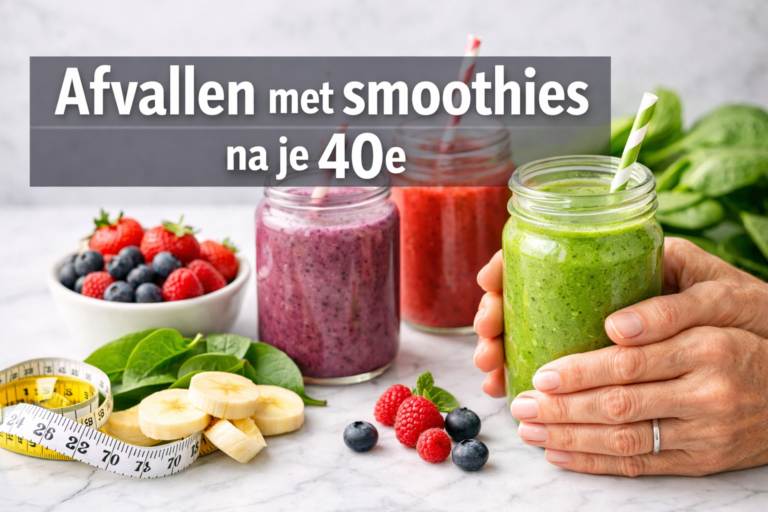 Drie potten met kleurrijke smoothies met vers fruit, spinazie, plakjes banaan en een meetlint op een marmeren aanrecht. Nederlandse tekst benadrukt Afvallen met smoothies na je 40e voor gezond afvallen na je 40e.