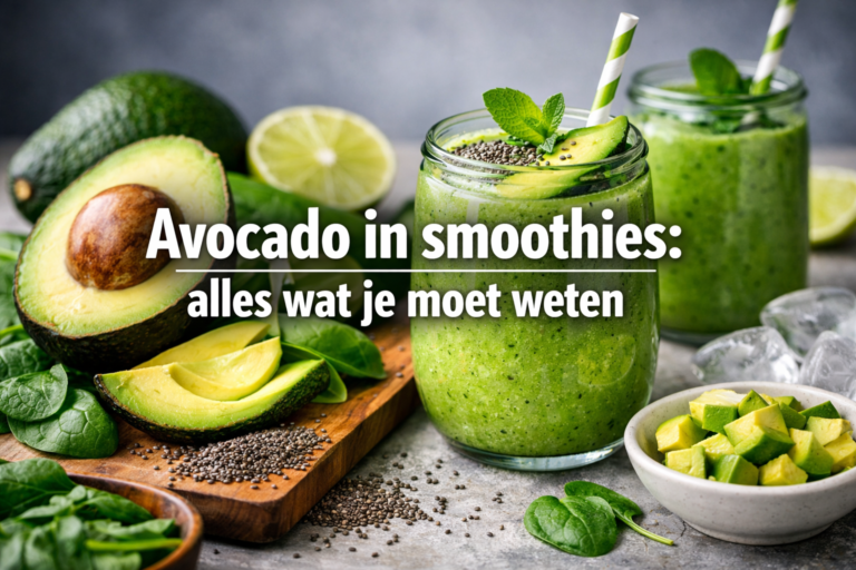 Twee glazen groene avocado smoothies met gestreepte rietjes worden omringd door verse avocado, limoen, spinazie, gehakte avocado en ijsblokjes. Nederlandse tekst overlapt de afbeelding en benadrukt het gebruik van avocado in smoothies.