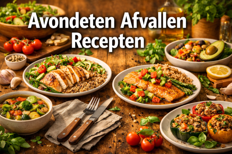Een verscheidenheid aan gezonde Avondeten Afvallen Recepten, zoals gegrilde kip, zalm, verse groenten en gevulde paprika's, zijn prachtig gerangschikt op een houten tafel met verse ingrediënten. De tekst luidt: Avondeten Afvallen Recepten.