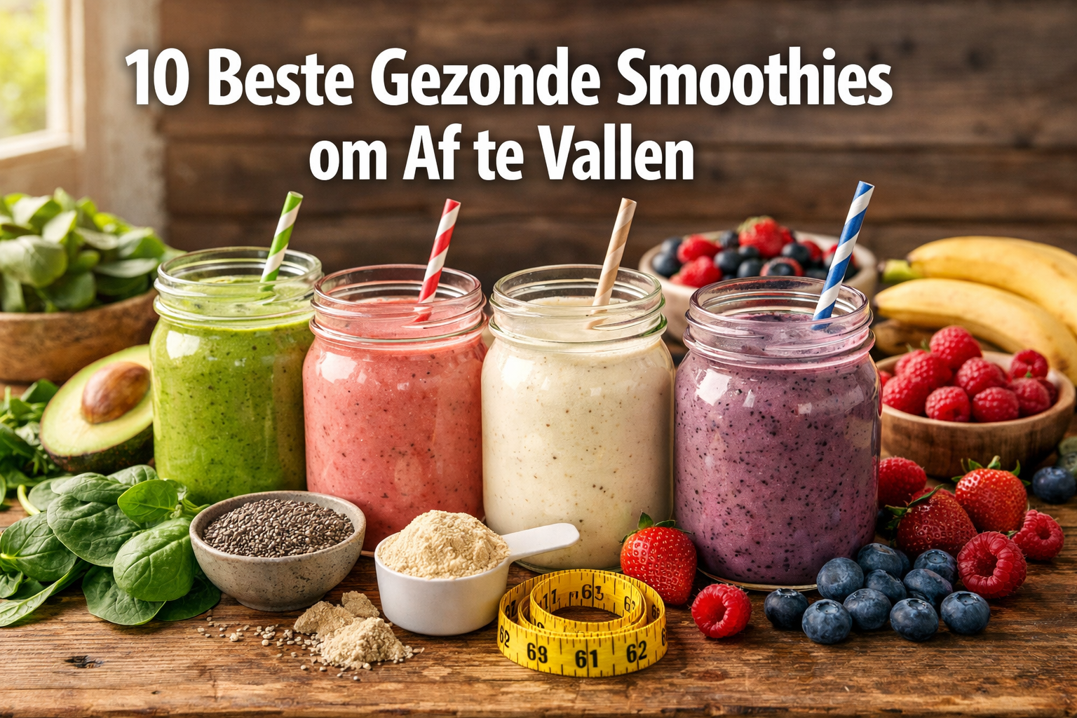 Vier potten met kleurrijke smoothies met rietjes omringd door vers fruit, spinazie, avocado, poeders, chiazaad en een meetlint op een houten tafel; Nederlandse tekst "Beste Gezonde Smoothies om Af te Vallen" erboven.