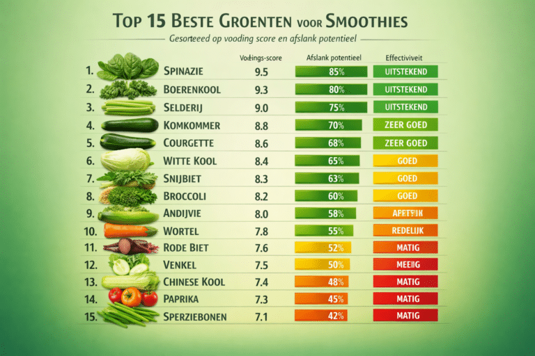 Tabel met de top 15 Beste Groenten voor Smoothies, gerangschikt op voedingswaarde, gewichtsverliespotentieel en effectiviteit, met spinazie als hoogste gerangschikt en sperziebonen als laagste.