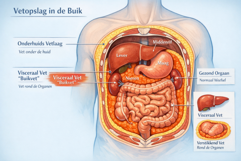 Medische illustratie van de menselijke buik met organen, visceraal vet (oranje) en onderhuidse vetlagen, met Nederlandse labels voor anatomische kenmerken en soorten vet, ideaal voor het begrijpen van Buikvet Verliezen Zonder Sporten.