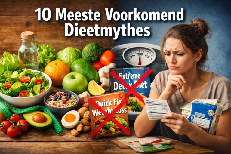 Een vrouw leest voedseletiketten bij gezonde voedingsmiddelen en dieetproducten, met een weegschaal op de achtergrond en de tekst "10 Meeste Voorkomende Dieetmythes" die veelvoorkomende dieetmythes bovenaan benadrukken.