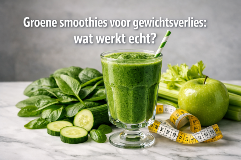 Een glas groene smoothie met een rietje, omringd door spinazie, komkommer, bleekselderij, groene appel en een meetlint; Nederlandse tekst over groene smoothies voor gewichtsverlies.