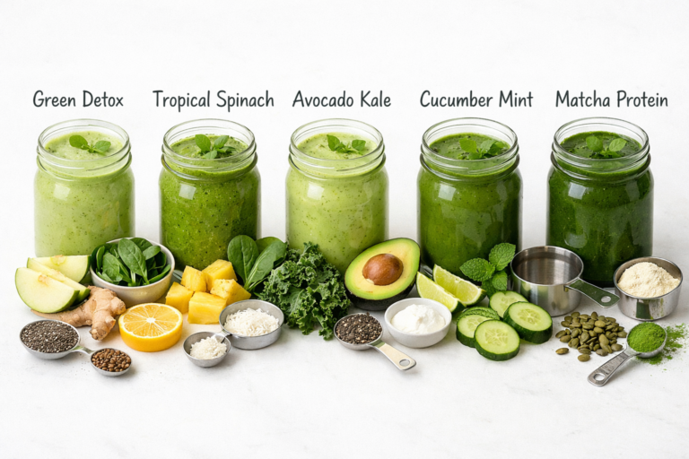 Vijf groene smoothies in mason jars zijn gelabeld als Green Detox, Tropical Spinach, Avocado Kale, Cucumber Mint en Matcha Protein - perfecte Groente Smoothie Recepten voor Beginners - met verse ingrediënten voor elke pot.
