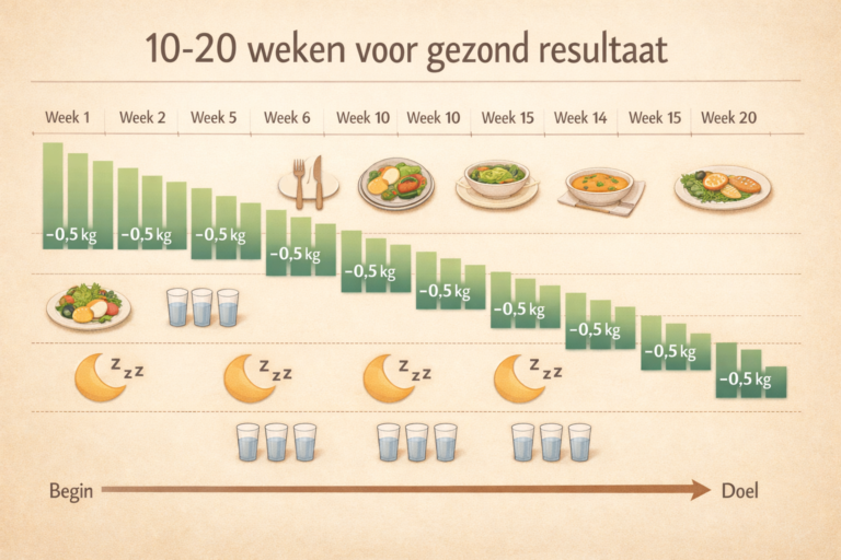 De wekelijkse grafiek toont een geleidelijk gewichtsverlies van 0,5 kg, gezonde maaltijden, waterinname en slaappictogrammen gedurende 20 weken - perfect om de voortgang bij te houden en vragen te beantwoorden zoals "Hoe lang duurt 10 kg afvallen?" tijdens je gezondheidsreis.