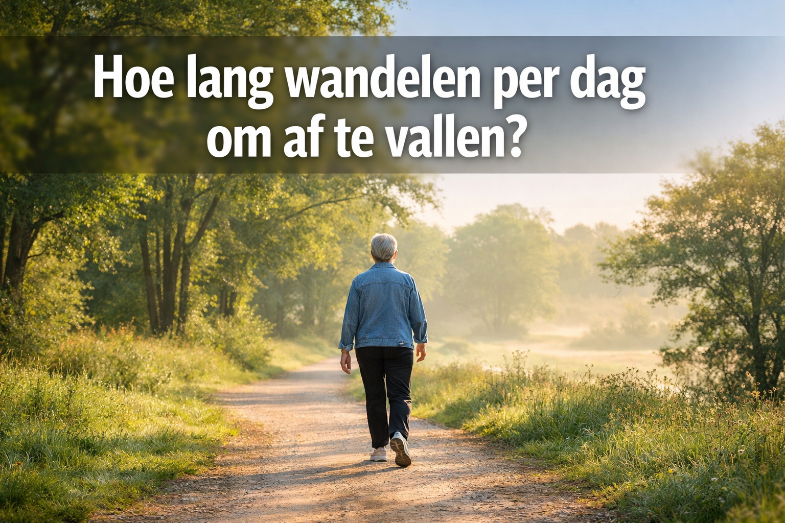 Een oudere persoon loopt alleen over een zandpad door een groen park, met tekst in het Nederlands: "Hoe lang wandelen per dag om af te vallen?".