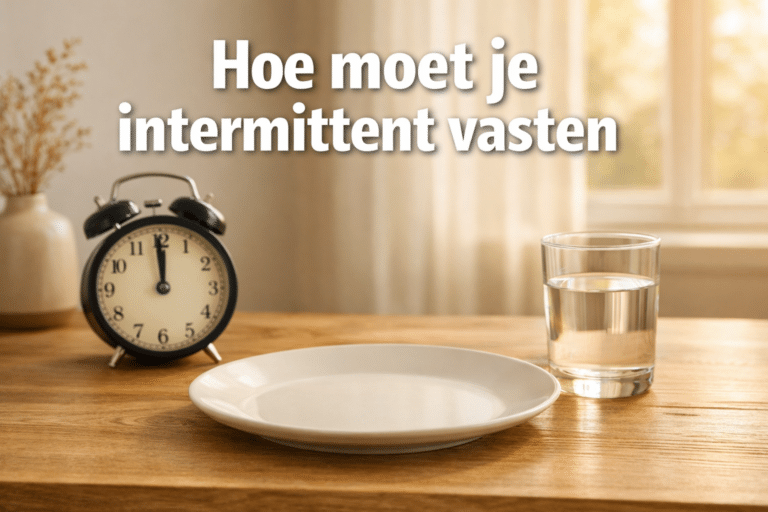 Een bord, een glas water en een wekker op een zonovergoten tafel illustreren het concept "Hoe moet je intermittent vasten? De Nederlandse tekst biedt begeleiding bij het starten van je intermittent fasting reis.