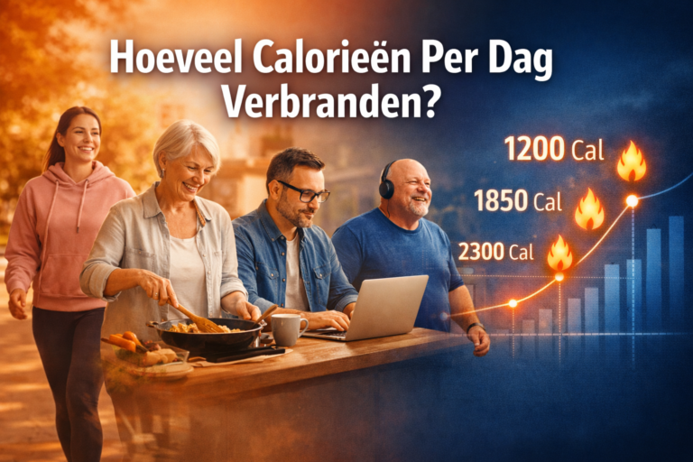 Vier volwassenen wandelen en koken buiten met een calorieverbrandingstabel en vlammen. De Nederlandse tekst vraagt: "Hoeveel Calorieën Per Dag Verbranden?" nodigt je uit om te ontdekken hoe dagelijkse activiteiten je calorieverbranding beïnvloeden.