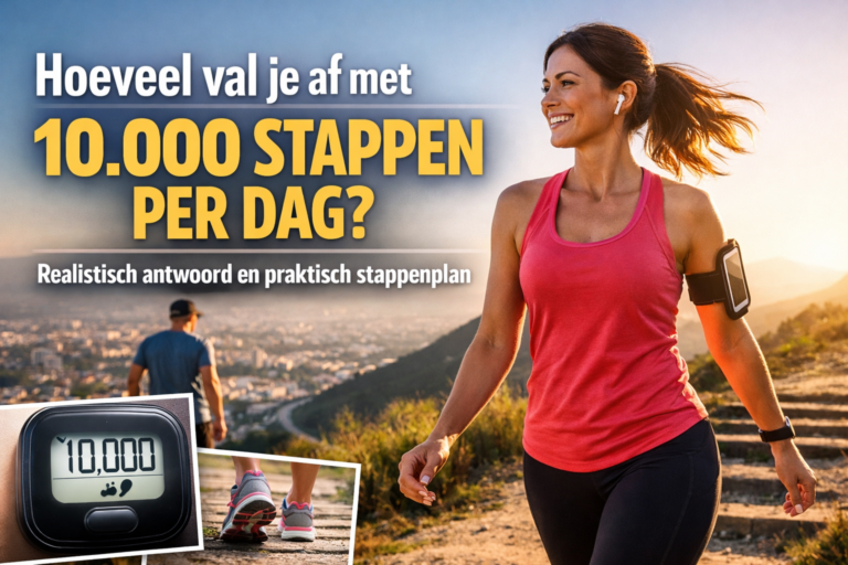Een vrouw in sportkleding loopt buiten met oordopjes en een fitnesstracker; tekst in het Nederlands antwoordt "Hoeveel val je af met 10.000 stappen per dag" en bespreekt de voordelen van het bereiken van dit dagelijkse stapdoel.