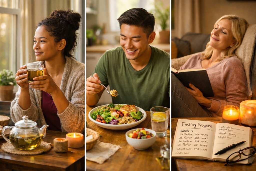 Drie mensen genieten van wellness: een vrouw drinkt thee, een man eet salade en een andere vrouw ontspant zich met een boek naast kaarsen en een vastendagboek waarin ze "Hoeveel val je af met 16 uur vasten.