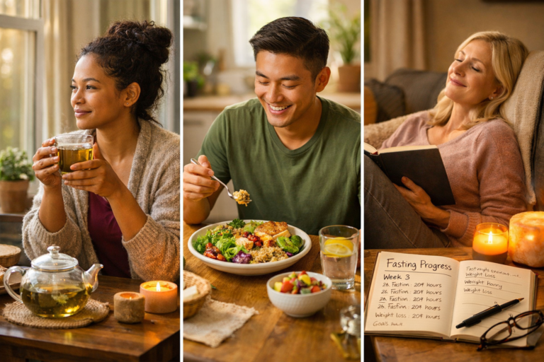 Drie mensen genieten van wellness: een vrouw drinkt thee, een man eet salade en een andere vrouw ontspant zich met een boek naast kaarsen en een vastendagboek waarin ze "Hoeveel val je af met 16 uur vasten.