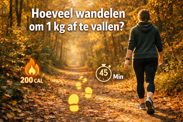 Een persoon loopt op een bospad in de herfst; Nederlandse tekst vraagt: "Hoeveel wandelen om 1 kg af te vallen?" met icoontjes voor 200 calorieën en 45 minuten.