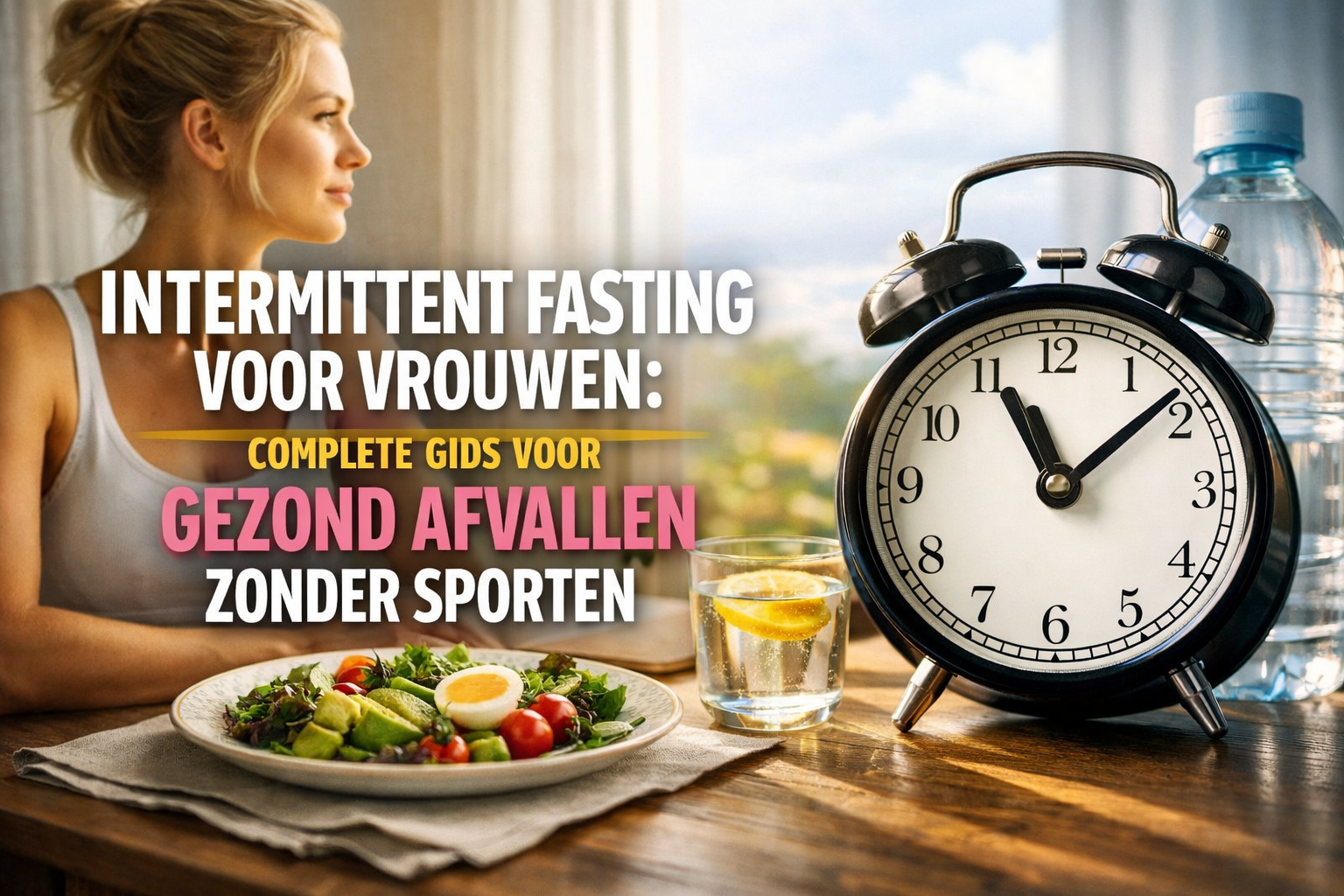 Een vrouw zit aan een tafel met een salade, water en citroen; op een wekker staat 10:10. Tekst in het Nederlands promoot Intermittent Fasting voor Vrouwen.