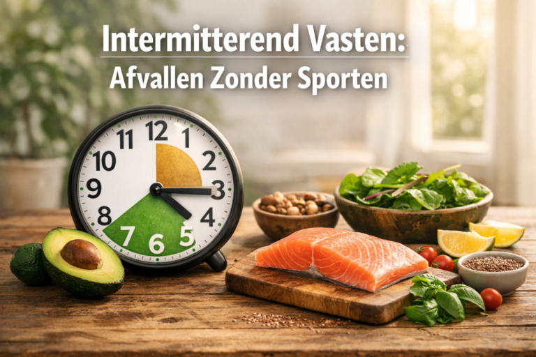 Een klok met een Intermitterend Vasten-venster staat op een tafel met zalm, avocado, salade, noten en zaden; de Nederlandse tekst luidt "Intermitterend Vasten: Afvallen zonder lichaamsbeweging.