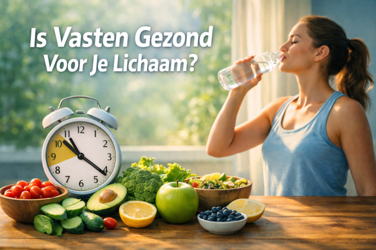 Een vrouw in sportkleding drinkt water aan een tafel met fruit, groenten en een klok; een Nederlandse tekst vraagt "Is Vasten Gezond Voor Je Lichaam?" en onderzoekt of vasten goed is voor je lichaam.