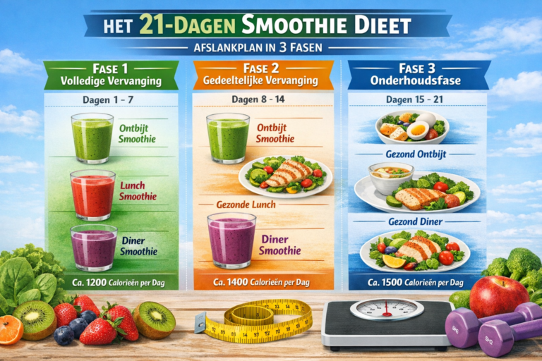 Een 21-daags smoothie-dieetplan in drie fasen wordt getoond, met illustraties van smoothies en maaltijden, omringd door fruit, een meetlint en een weegschaal. Tekst legt elke fase en het aantal calorieën uit - perfect voor wie zich afvraagt: "Is het 21 dagen smoothiedieet gezond?".