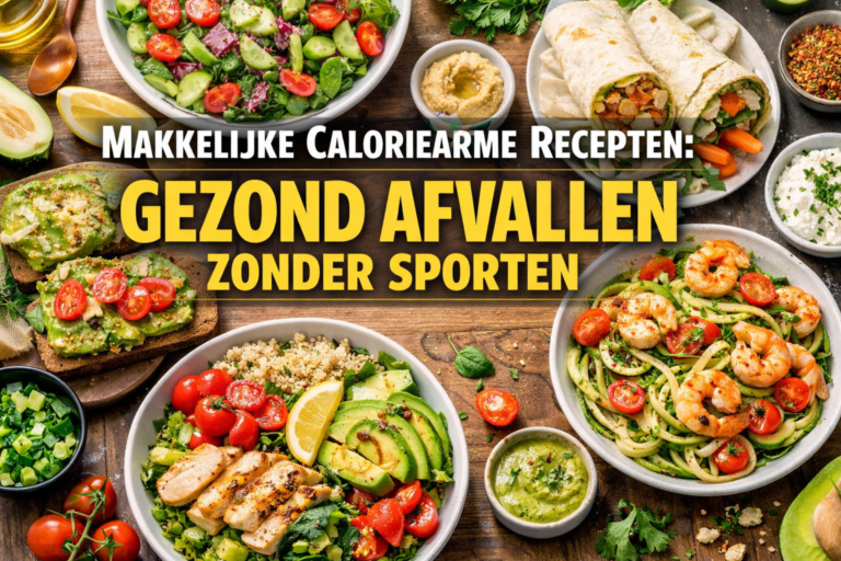 Een verscheidenheid aan gezonde gerechten met groenten, salades, kip, garnalen, wraps en avocado, plus Nederlandse tekst over Makkelijke Caloriearme Recepten en gezond afvallen zonder te sporten.