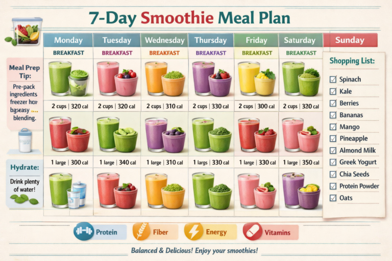 Een 7-daags Smoothie Dieet Weekmenu met dagelijkse recepten, hoeveelheden ingrediënten, tips voor meal prep, hydratatieherinneringen en een boodschappenlijstje met fruit, groenten, zuivel en toevoegingen.