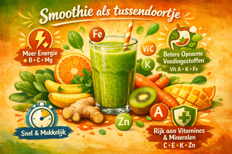 Een groene smoothie in een glas omringd door fruit, groenten en gember, met Nederlandse tekst die energie, vitaminen, mineralen en gemaksvoordelen benadrukt.