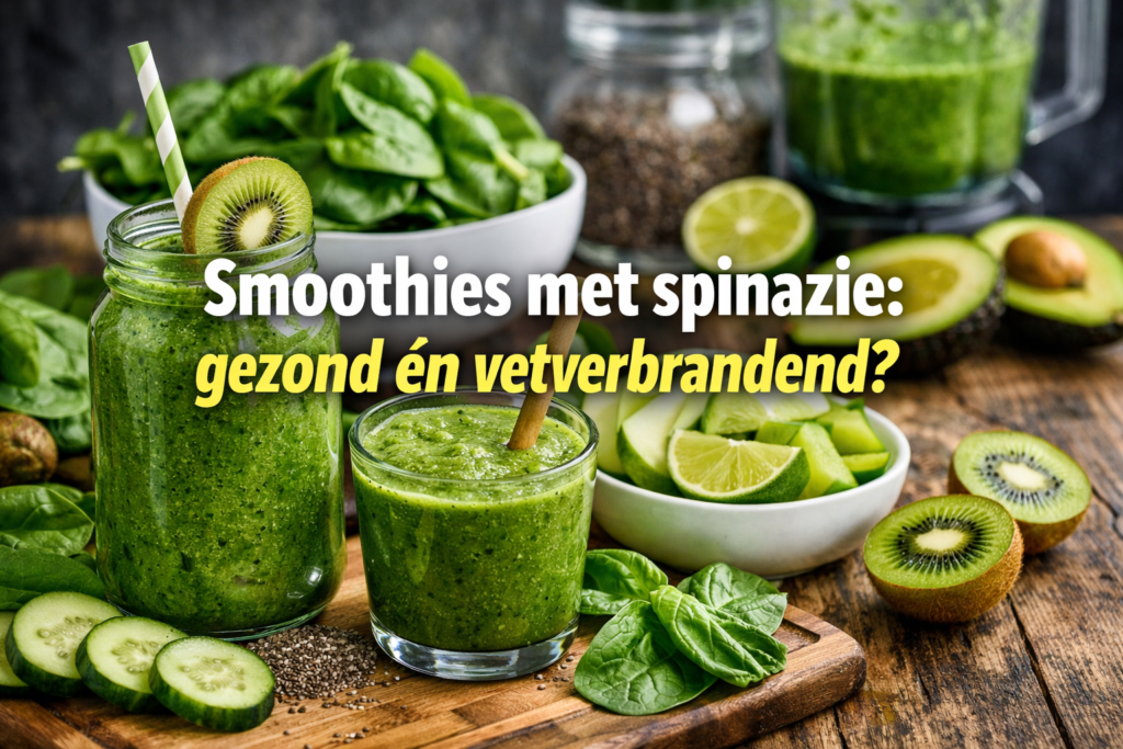 Een verscheidenheid aan smoothies met spinazie, komkommer, kiwi en limoen staan op een houten oppervlak, met een Nederlandse kop over de gezondheids- en vetverbrandende voordelen van spinazie smoothies.