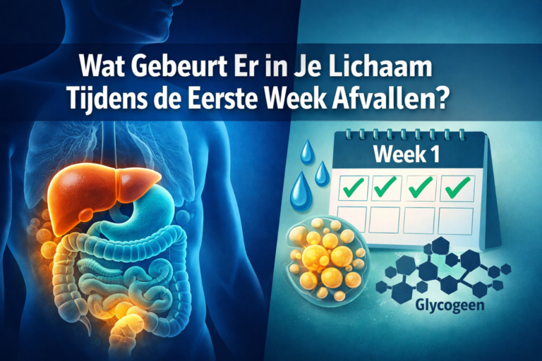 Een medische illustratie toont menselijke spijsverteringsorganen, vetcellen, een kalender met het label "Week 1" met aangevinkte vakjes en het woord "Glycogeen". Nederlandse tekst vraagt naar lichamelijke veranderingen in de eerste week van het afvallen.