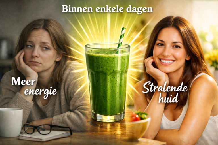 Een gesplitste afbeelding toont links een vermoeide vrouw met het label "Meer energie", rechts een glimlachende vrouw met het label "Stralende huid" en in het midden een gloeiende groene smoothie met de vraag: Wat doet een groene smoothie met je lichaam?.