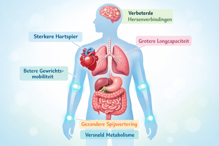 Diagram van een menselijk lichaam met gezondheidsvoordelen in het Nederlands, zoals een sterker hart, betere hersenverbindingen en meer longcapaciteit. Wat gebeurt er als je elke dag 1 uur wandelt? Ontdek verbeterde stofwisseling en mobiliteit!.
