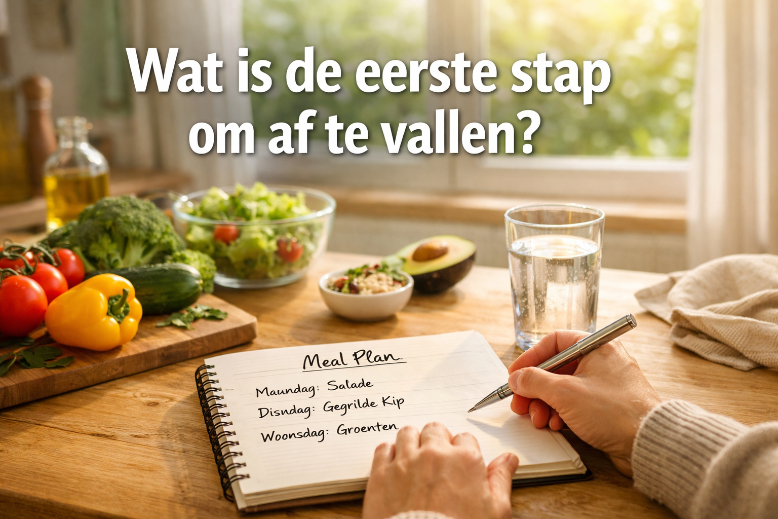 Een persoon schrijft een maaltijdplan in een notitieblok aan een keukentafel met groenten, water en fruit; Nederlandse tekst vraagt: "Wat is de eerste stap om af te vallen?.