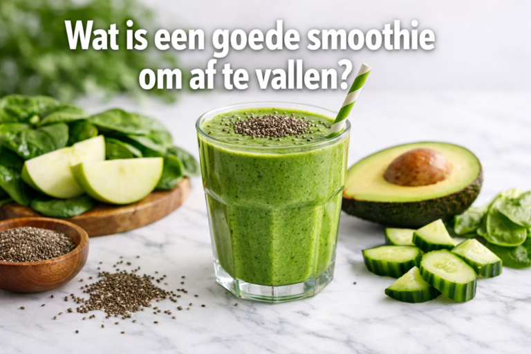 Een groene smoothie in een glas met een rietje, met daaromheen spinazie, appelschijfjes, avocado, komkommer en chiazaadjes op marmer. De tekst vraagt: Wat is een goede smoothie om af te vallen?.