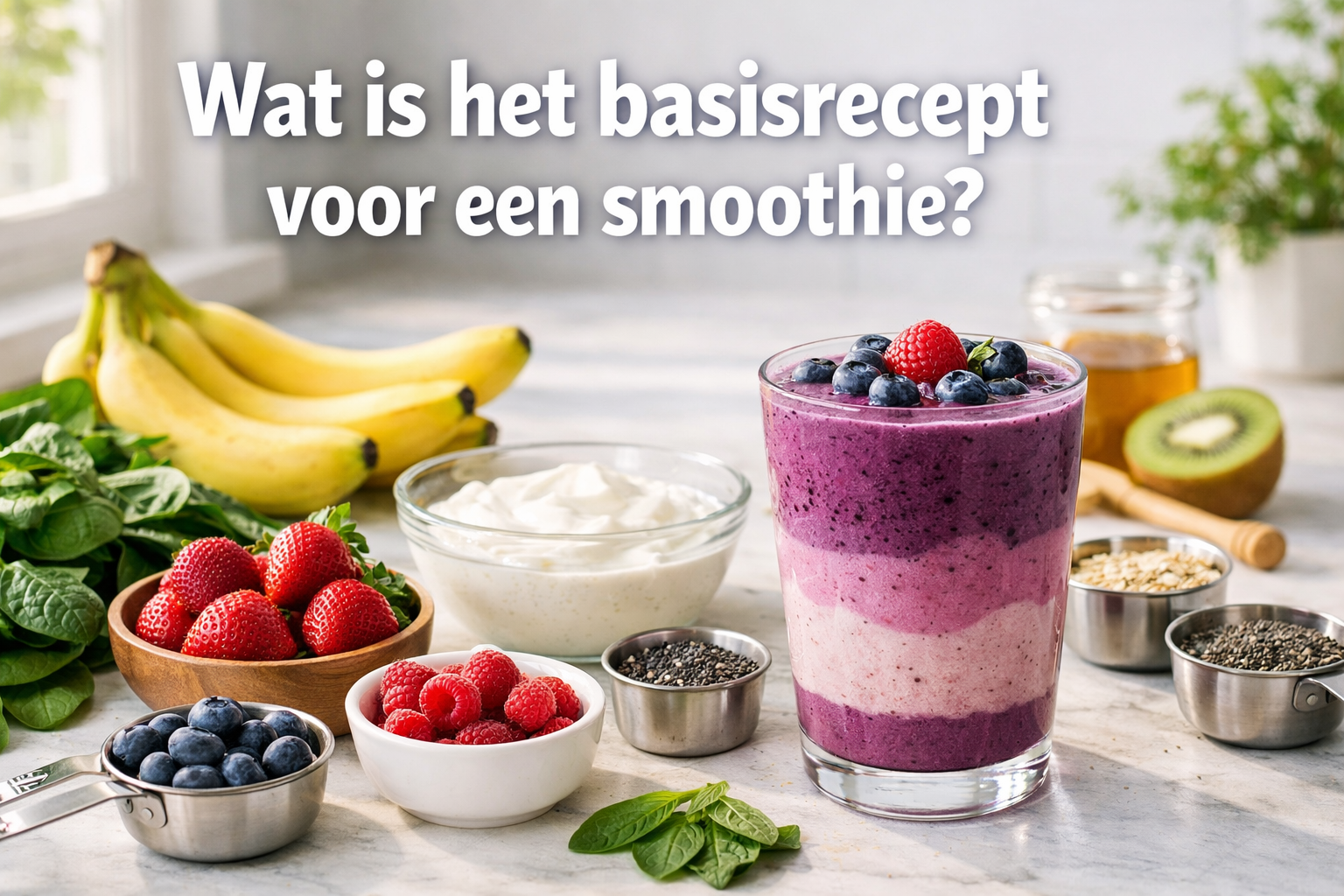 Een gelaagde bessensmoothie in een glas met verschillende soorten vers fruit, yoghurt, spinazie, havermout en honing op het aanrecht. De tekst in het Nederlands vraagt: Wat is het basisrecept voor een smoothie?.