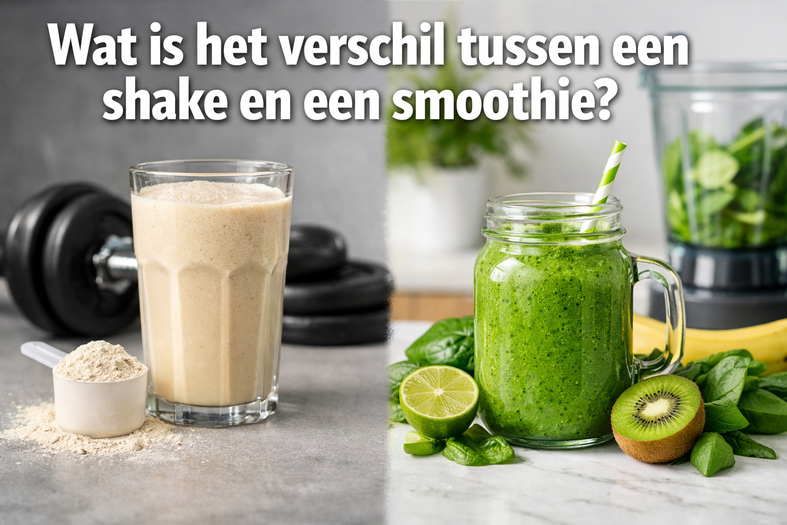 Twee drankjes naast elkaar: een beige proteïneshake met poeder en gewichten, en een groene smoothie met fruit en spinazie; de tekst vraagt in het Nederlands: Wat is het verschil tussen een shake en een smoothie?.