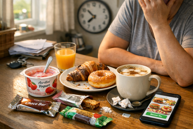 Een persoon zit aan een tafel met yoghurt, sinaasappelsap, croissants, een donut, koffie, snackrepen en een smartphone met daarop een app voor voedselbezorging, met daarop een aantal items uit de lijst met Wat zijn de 5 grootste dikmakers.