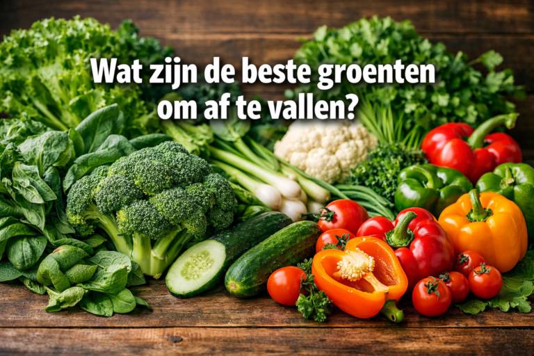 Een assortiment verse groenten - waaronder broccoli, spinazie, sla en bloemkool - ligt uitgestald op een houten tafel, met daarop de beste groenten om af te vallen voor een gezonde levensstijl.