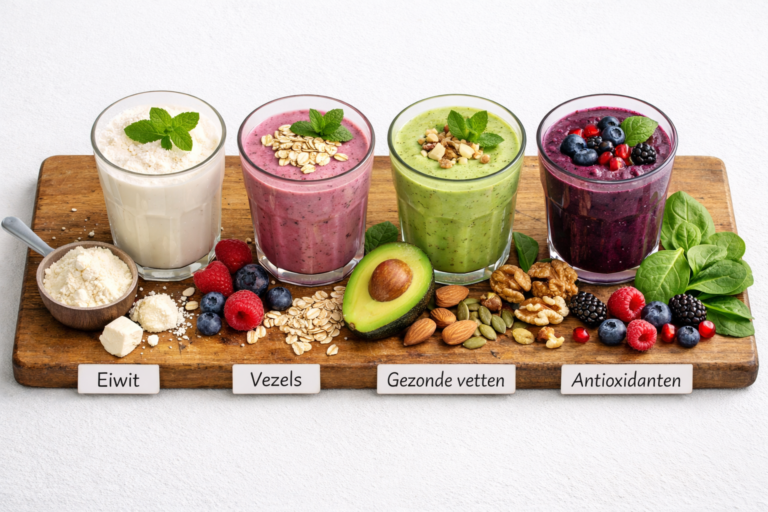 Vier smoothieglazen met verschillende toppings en ingrediënten, gelabeld op proteïne, vezels, gezonde vetten en antioxidanten - welke smoothie is het beste tegen buikvet? Uitgestald op een houten bord met bijbehorende voedingsmiddelen.
