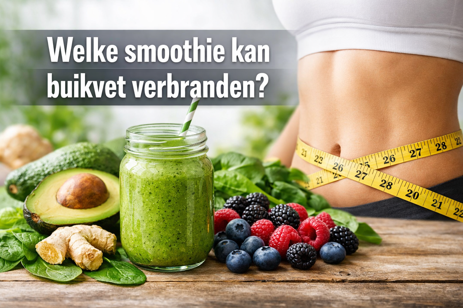 Een vrouw met een meetlint om haar middel houdt een pot fruit vast en vraagt zich af: "Welke smoothie kan buikvet verbranden?.