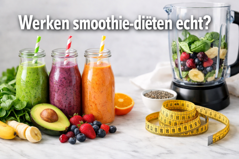 Drie fruit- en groentesmoothies in glazen flessen met rietjes, omringd door verse producten, een blender, zaden en een meetlint; de tekst vraagt: Werken smoothie-diëten echt voor gewichtsverlies?.