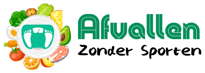Logo met illustraties van verschillende gezonde voedingsmiddelen, een weegschaalpictogram en de Nederlandse tekst "Afvallen Zonder Sporten".