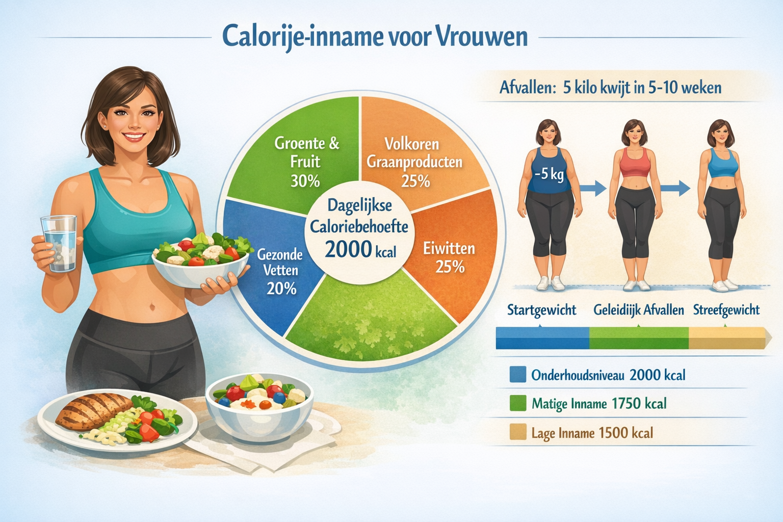 Hoeveel calorieën moet een vrouw eten om 5 kilo af te vallen